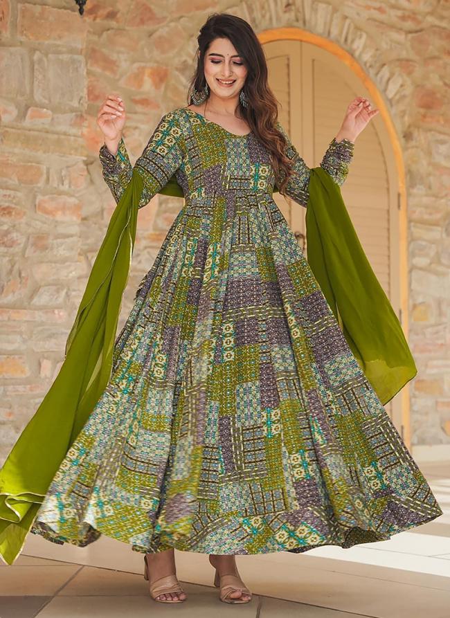 Heavy Rayon Green Ethnic Wear Digital Printed Readymade Gown